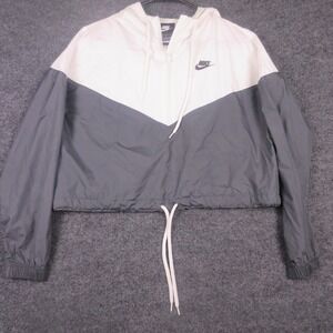Nike Windrunner Jacket Womens Medium Gray White Hooded 1/2 Zip Cropped